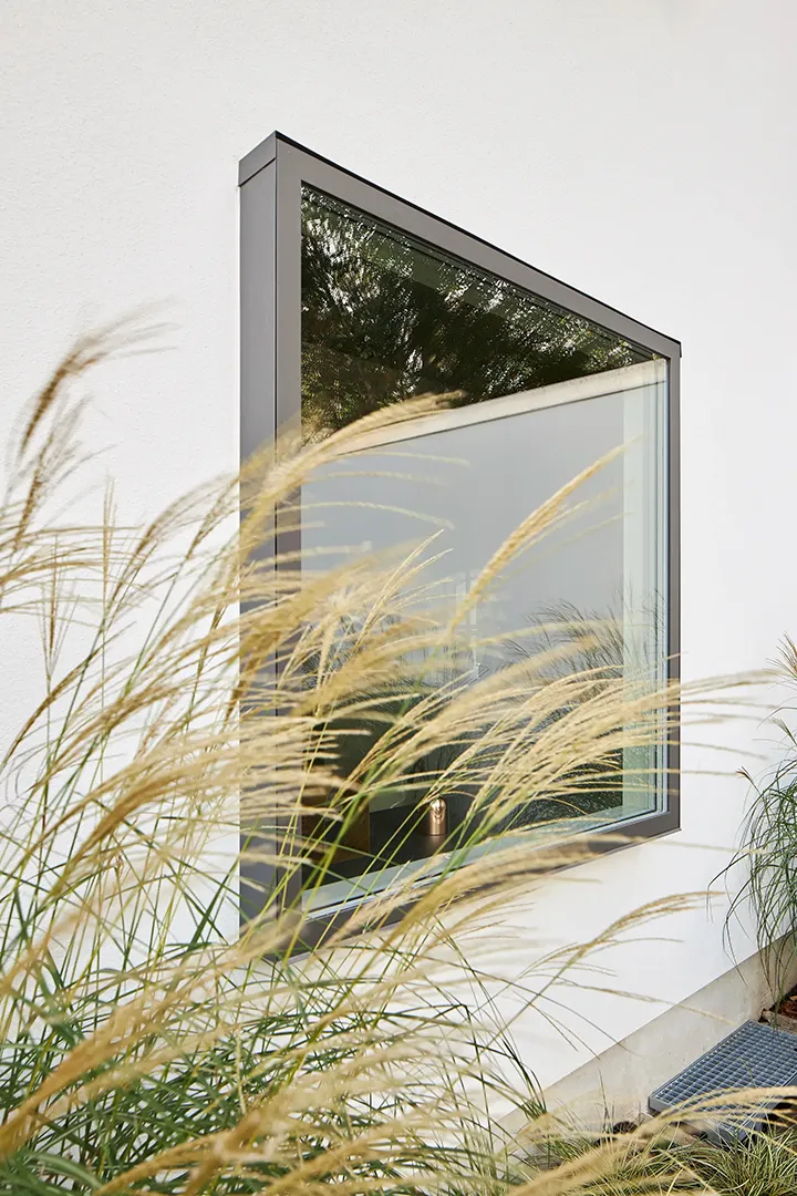 Nahaufnahme eines dunklen auskragenden Metallfensters in weißer Putzfassade; im Gegenlicht spiegeln sich Baumkronen im Glas, während Ziergräser ins Bild ragen.